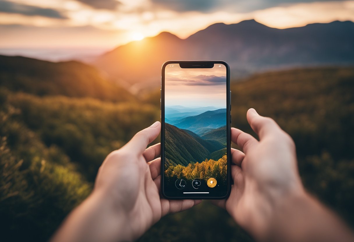 A smartphone held in landscape mode, capturing a picturesque landscape with vibrant colors and interesting textures. The camera app is open, and the screen displays the scene with focus and exposure adjustments visible