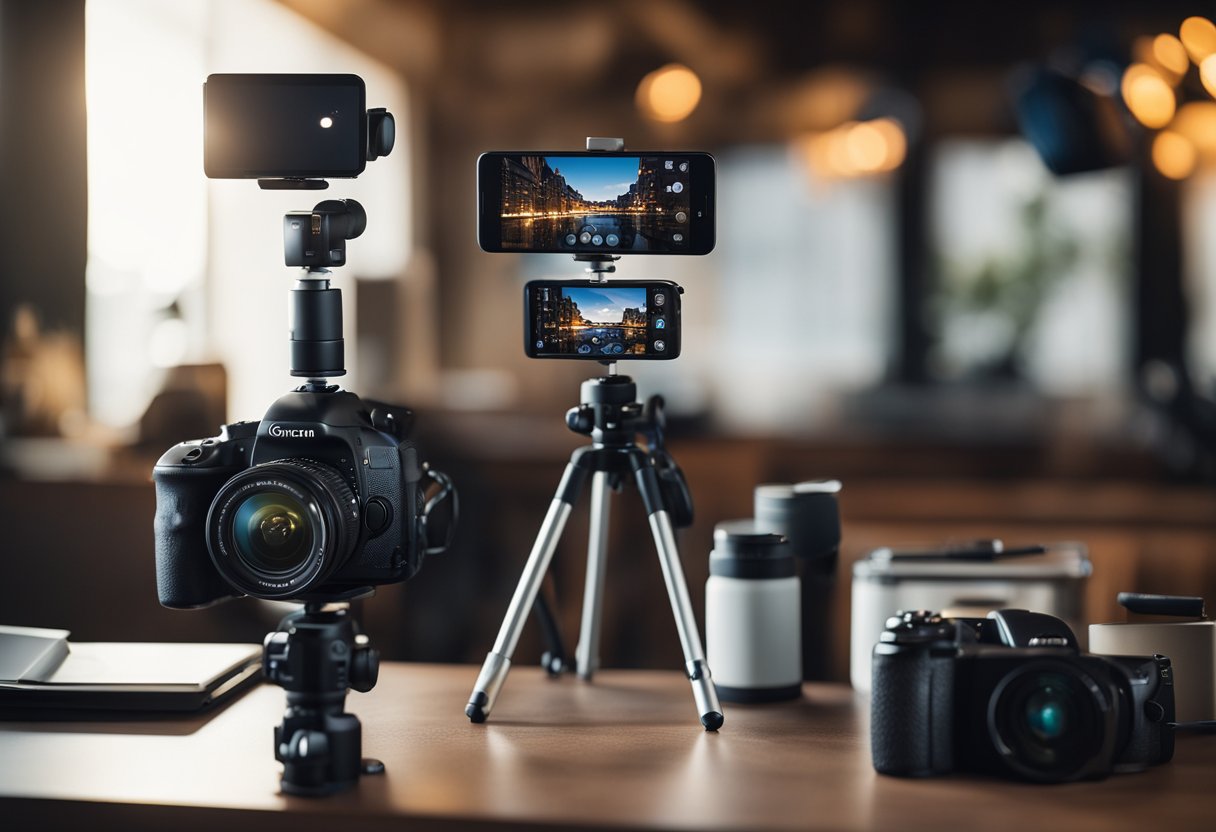 A table with a smartphone, tripod, and lighting equipment set up for photography