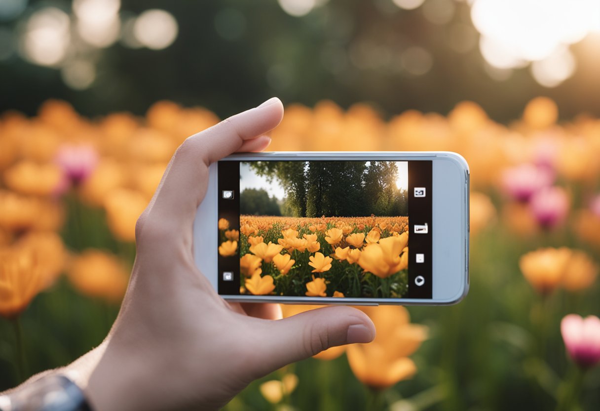 A hand holding a smartphone, capturing a close-up shot of a vibrant flower in natural light