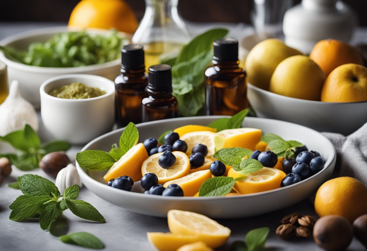 A table with various natural ingredients like fruits, herbs, and oils. Mixing bowls, utensils, and bottles for creating homemade skincare products