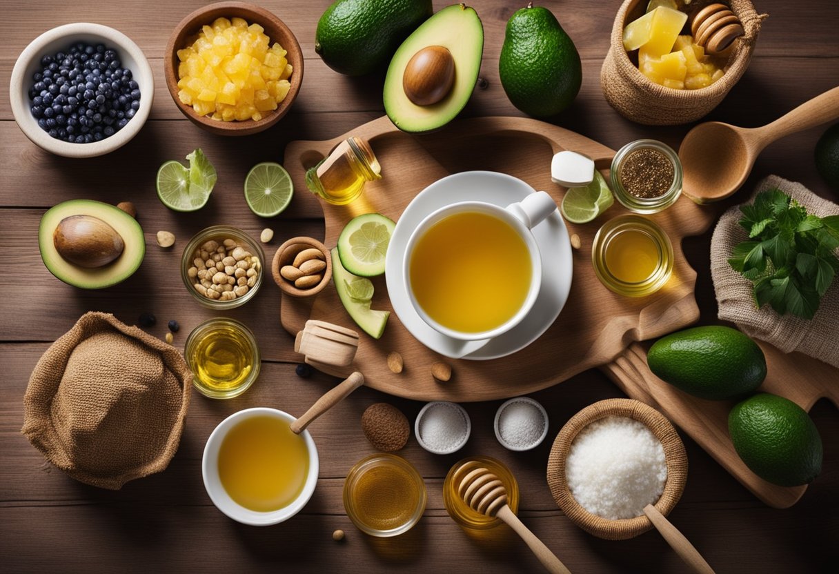 A table covered with natural ingredients like honey, avocado, and essential oils. A mortar and pestle, mixing bowls, and measuring spoons are arranged neatly