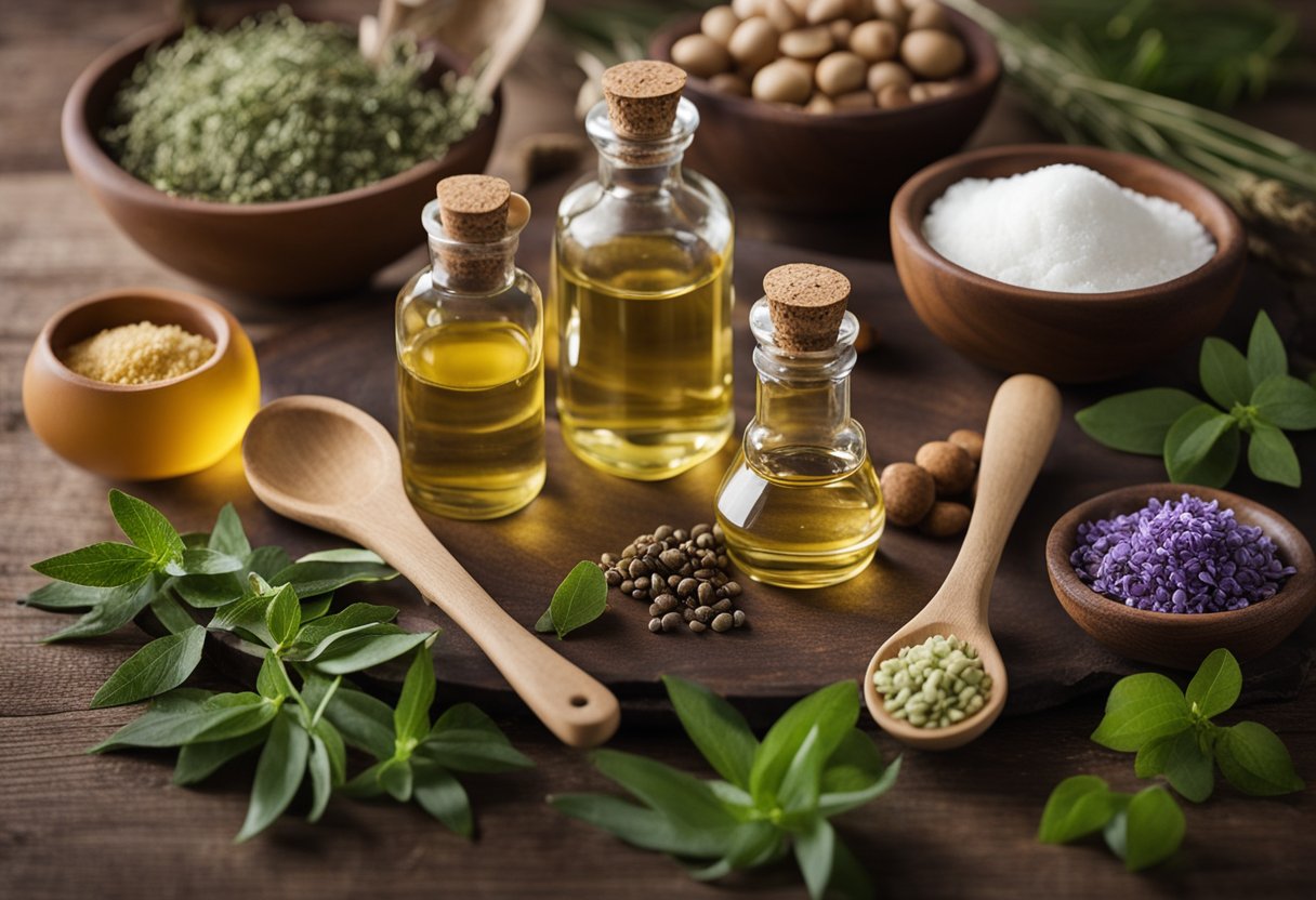 A table with various natural ingredients and tools for making skincare products, such as oils, herbs, and mixing bowls