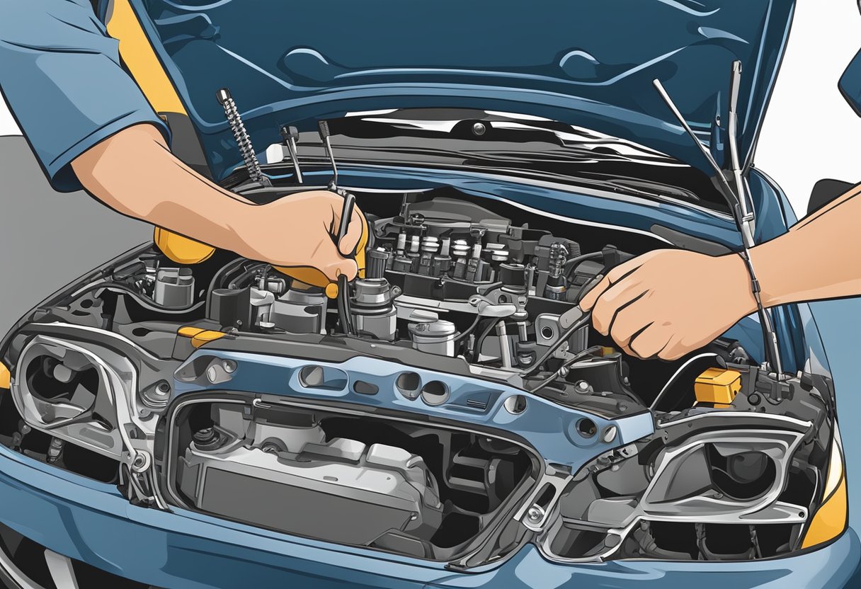 A mechanic replacing a timing chain in a car engine, surrounded by tools and parts