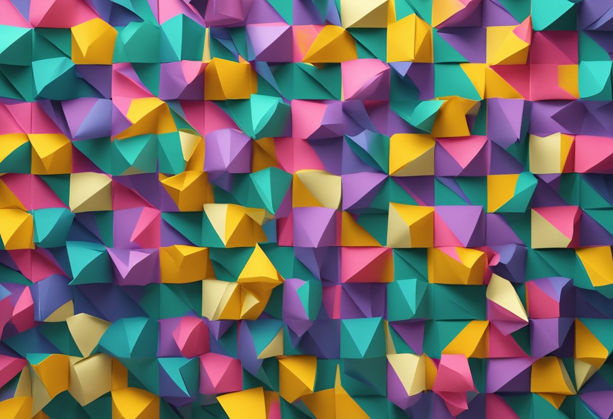 Colorful origami paper arranged in a geometric pattern on a blank wall. Step-by-step instructions nearby