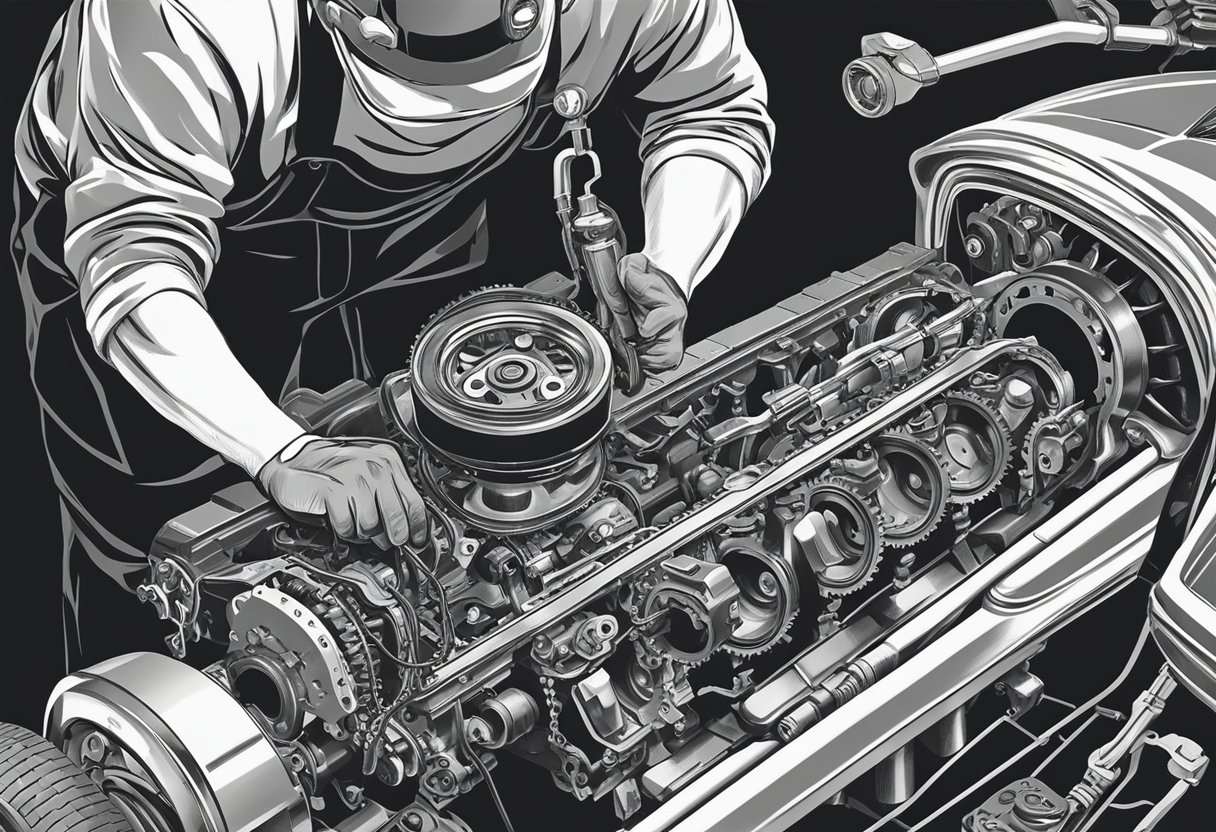 A mechanic removes old timing chain, installs new chain, and adjusts timing on engine