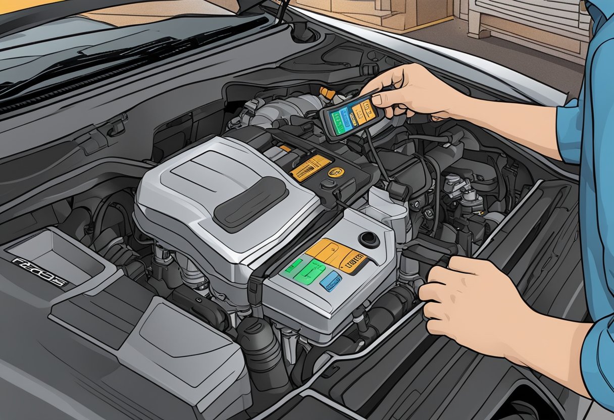 A car engine with a diagnostic scanner connected, displaying the "P0506 Code" and a technician adjusting the idle RPM settings