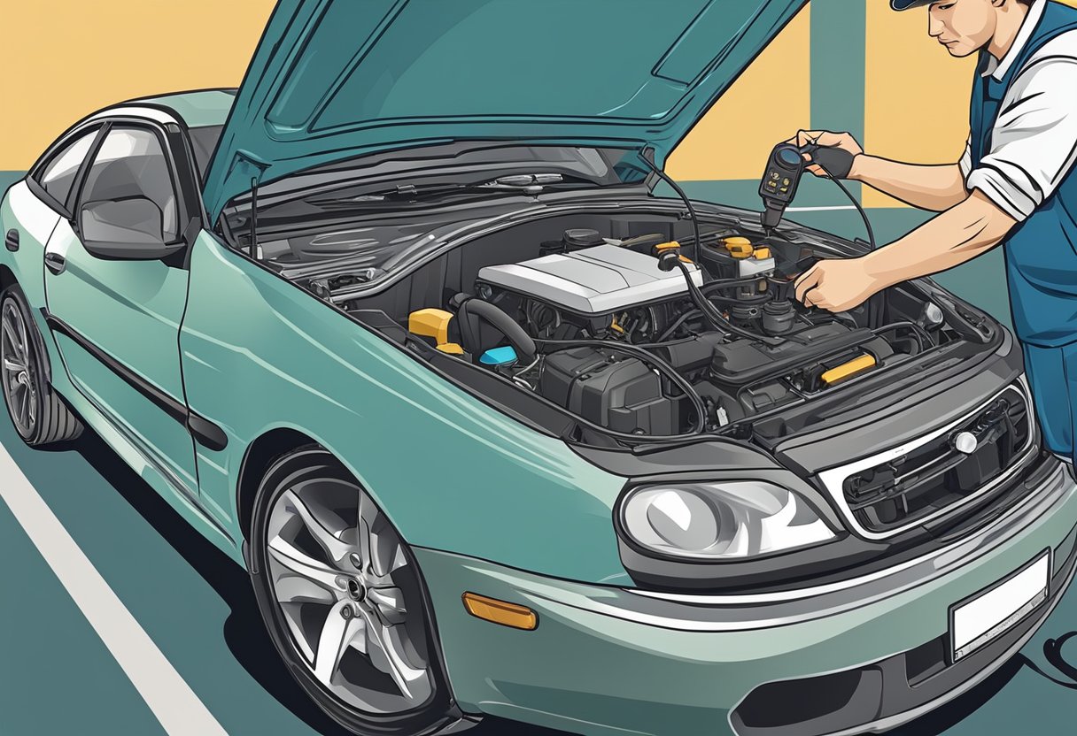 A car with the hood open, mechanic using diagnostic tool, adjusting throttle body to fix P0506 code idle RPM issue