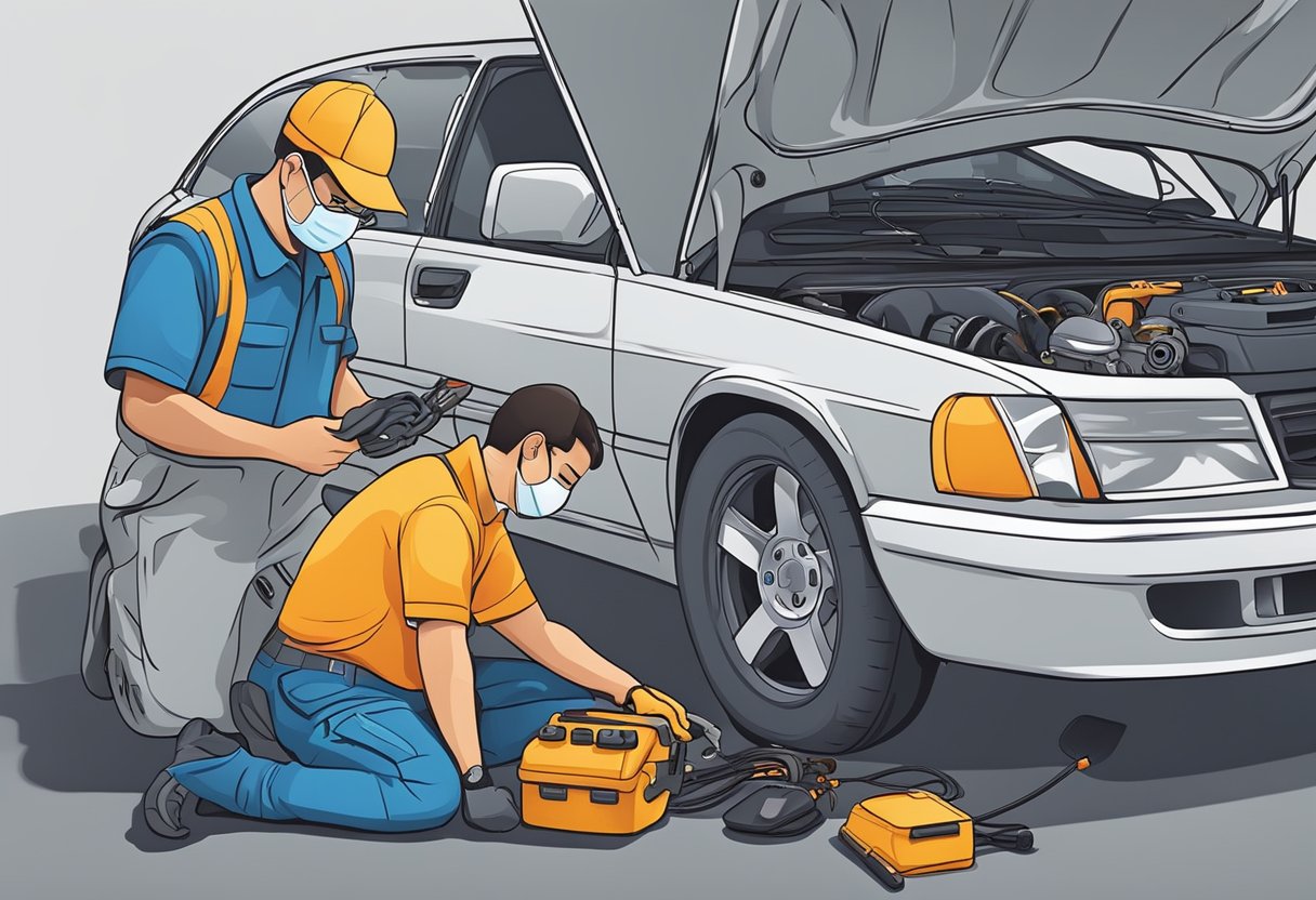 A mechanic adjusts a car's idle RPM with diagnostic equipment and tools