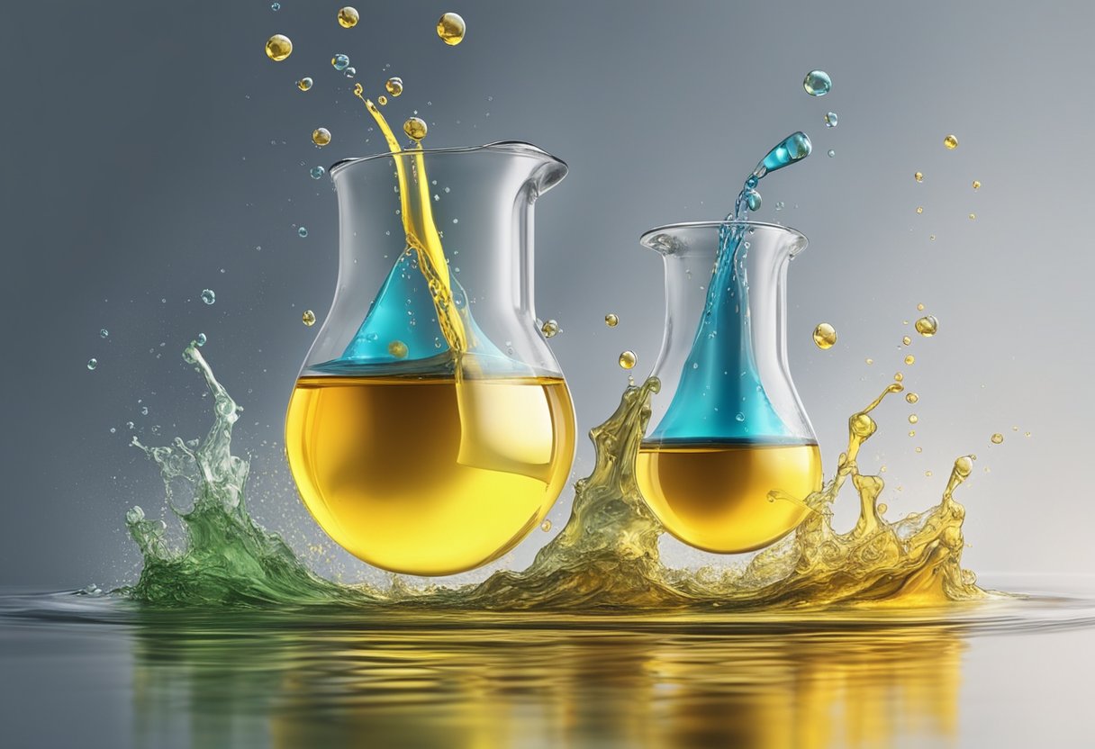 Oil and water mix in an engine, causing contamination.

Illustrate a clear separation between the two liquids, with water droplets suspended in the oil