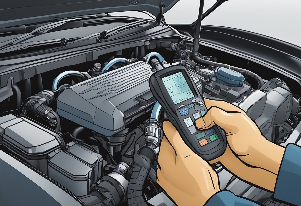 A mechanic connects a diagnostic tool to a vehicle's engine, scanning for a P0332 code indicating a low input from knock sensor 2