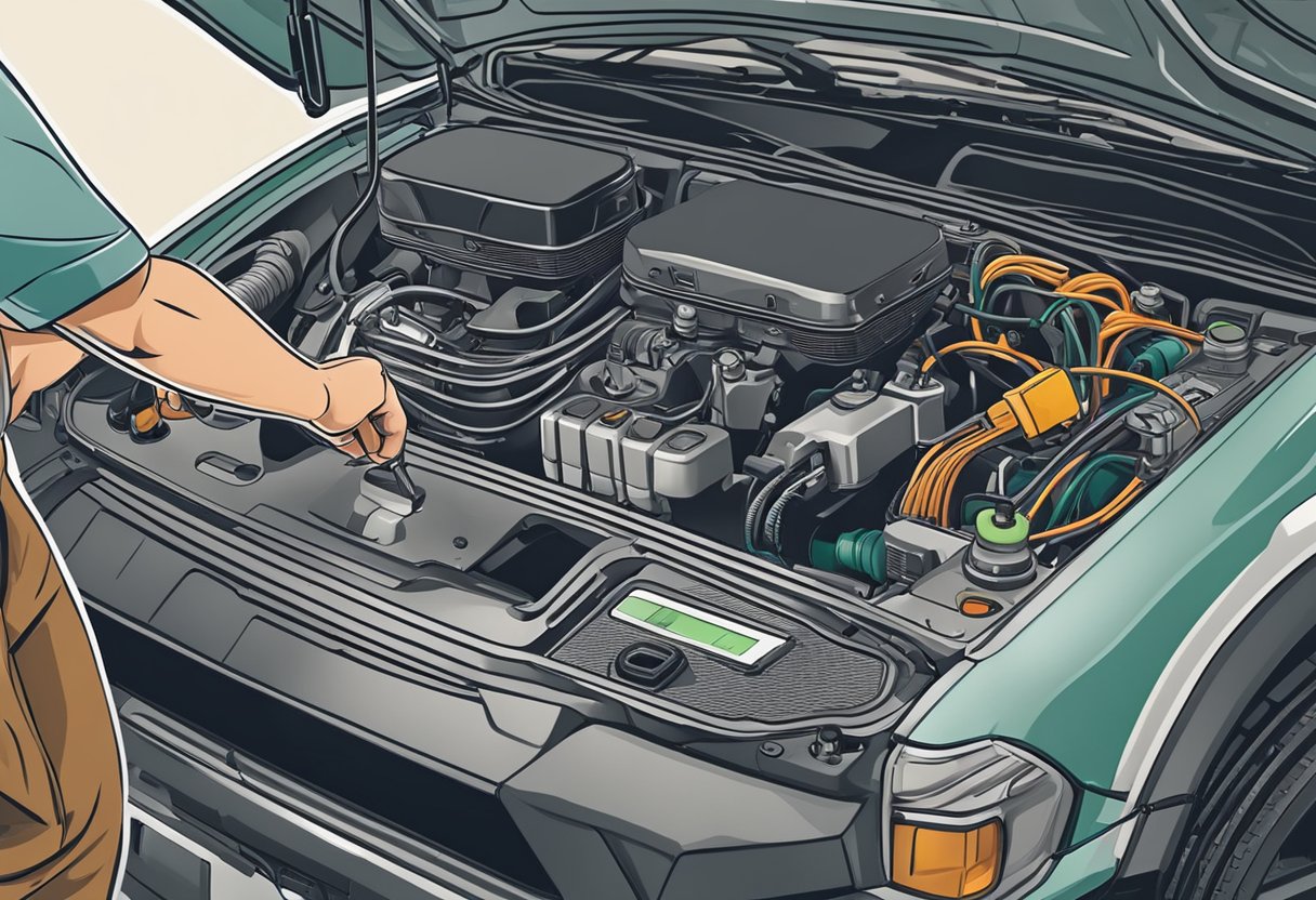 A mechanic holds a diagnostic tool near the engine, checking the knock sensor 2 circuit for low input.

Wires and connectors are visible for troubleshooting