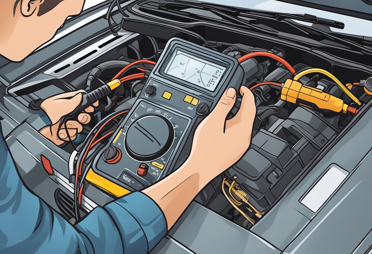 A mechanic using a multimeter to test the wiring and connector of a knock sensor in a car engine bay