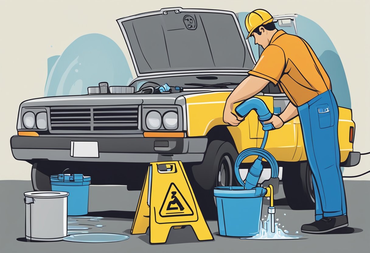 A mechanic pouring water into a coolant tank, with a caution sign and alternative coolant options displayed nearby