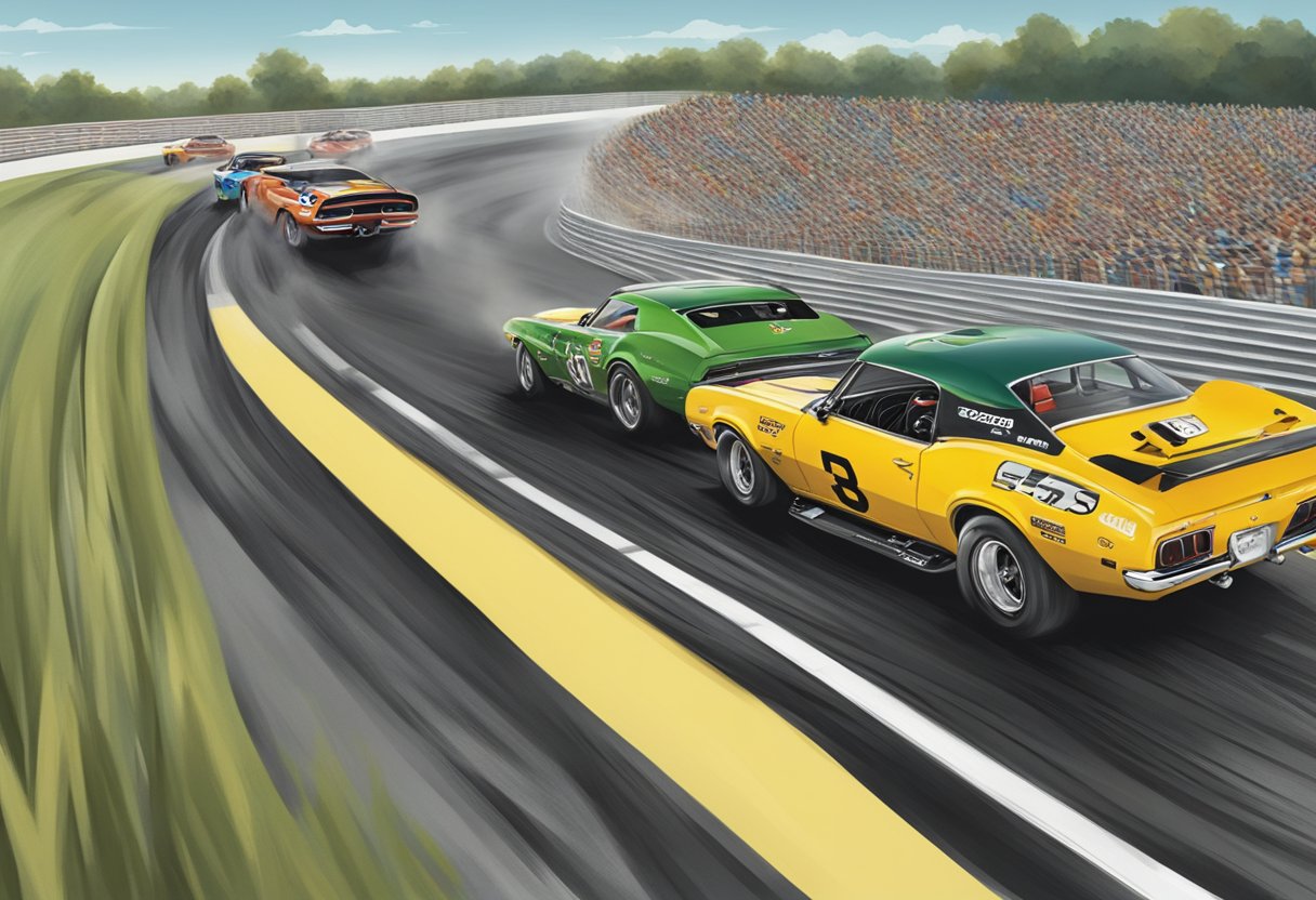 Several Camaros race down a track, each displaying their top speeds