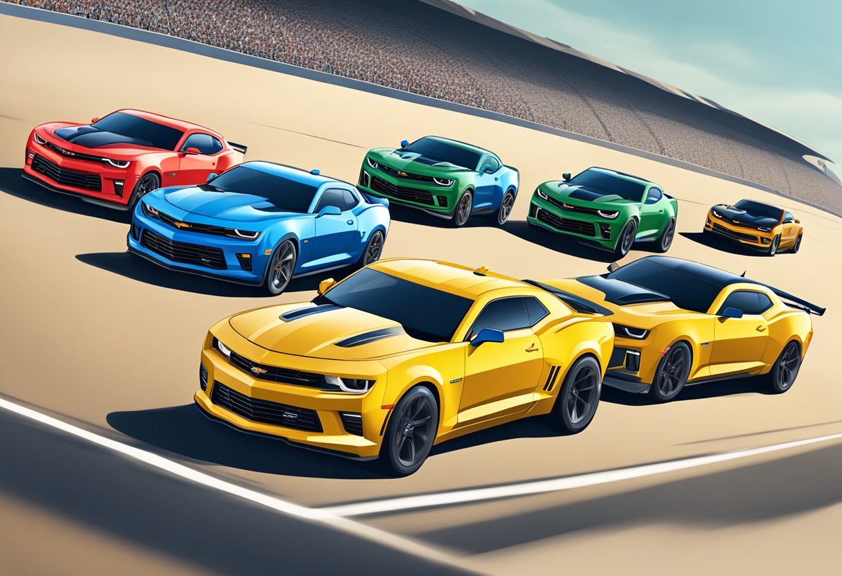 A lineup of top-performing Camaro models racing on a track, displaying their speed and power