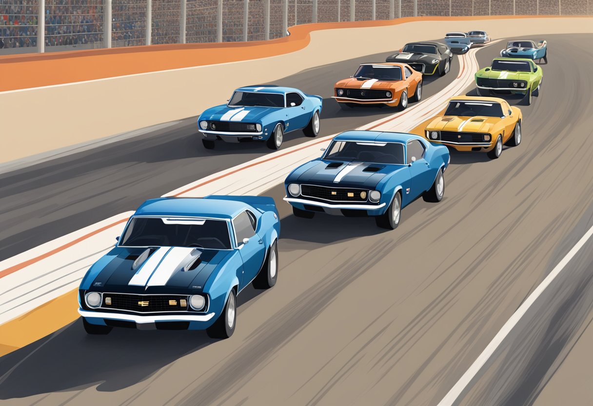 A lineup of Camaros on a race track, each with a number indicating its speed ranking.

The cars are sleek and powerful, ready to race