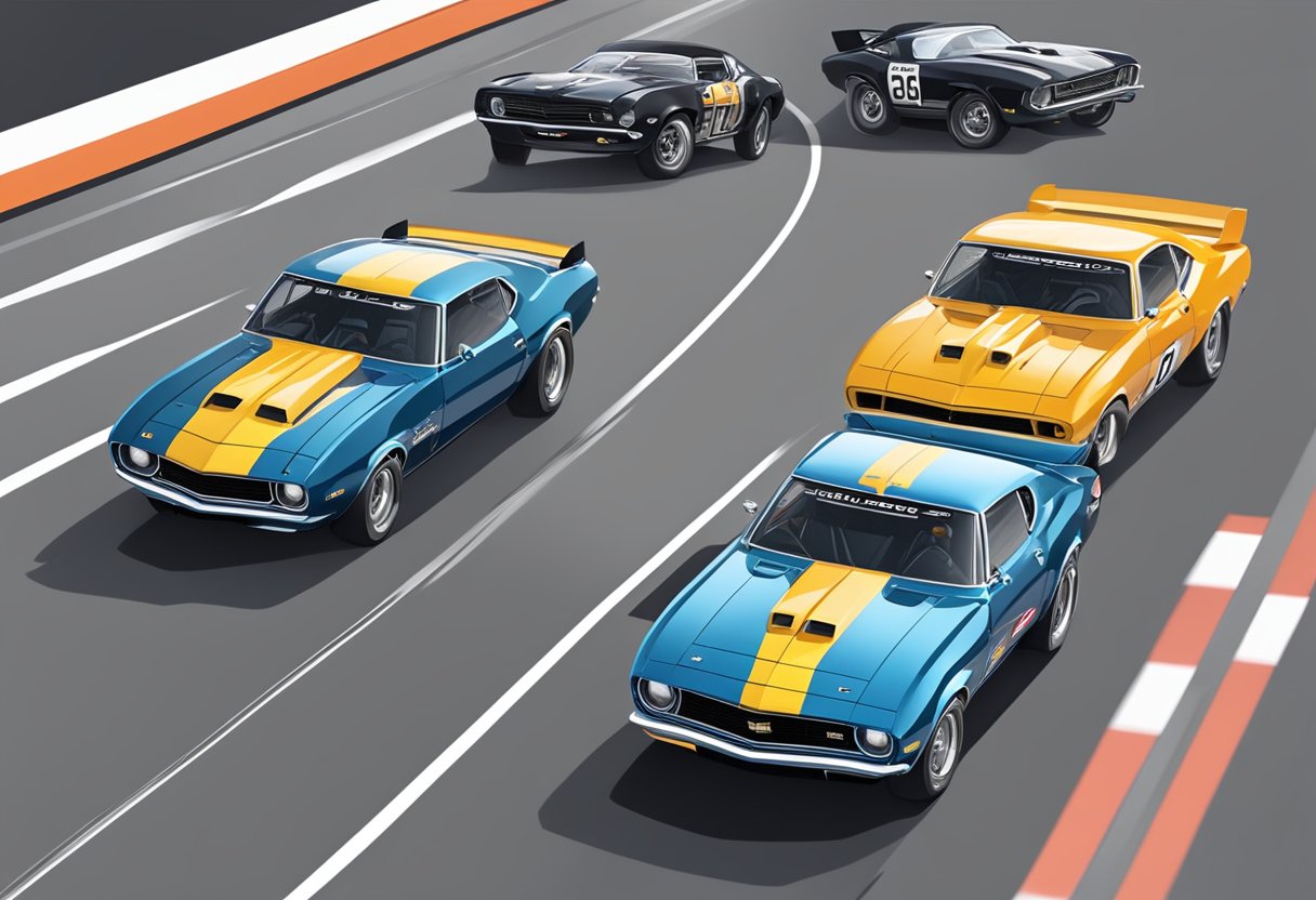 Three Camaros racing on a straight track, speedometer readings visible, with a clear winner emerging