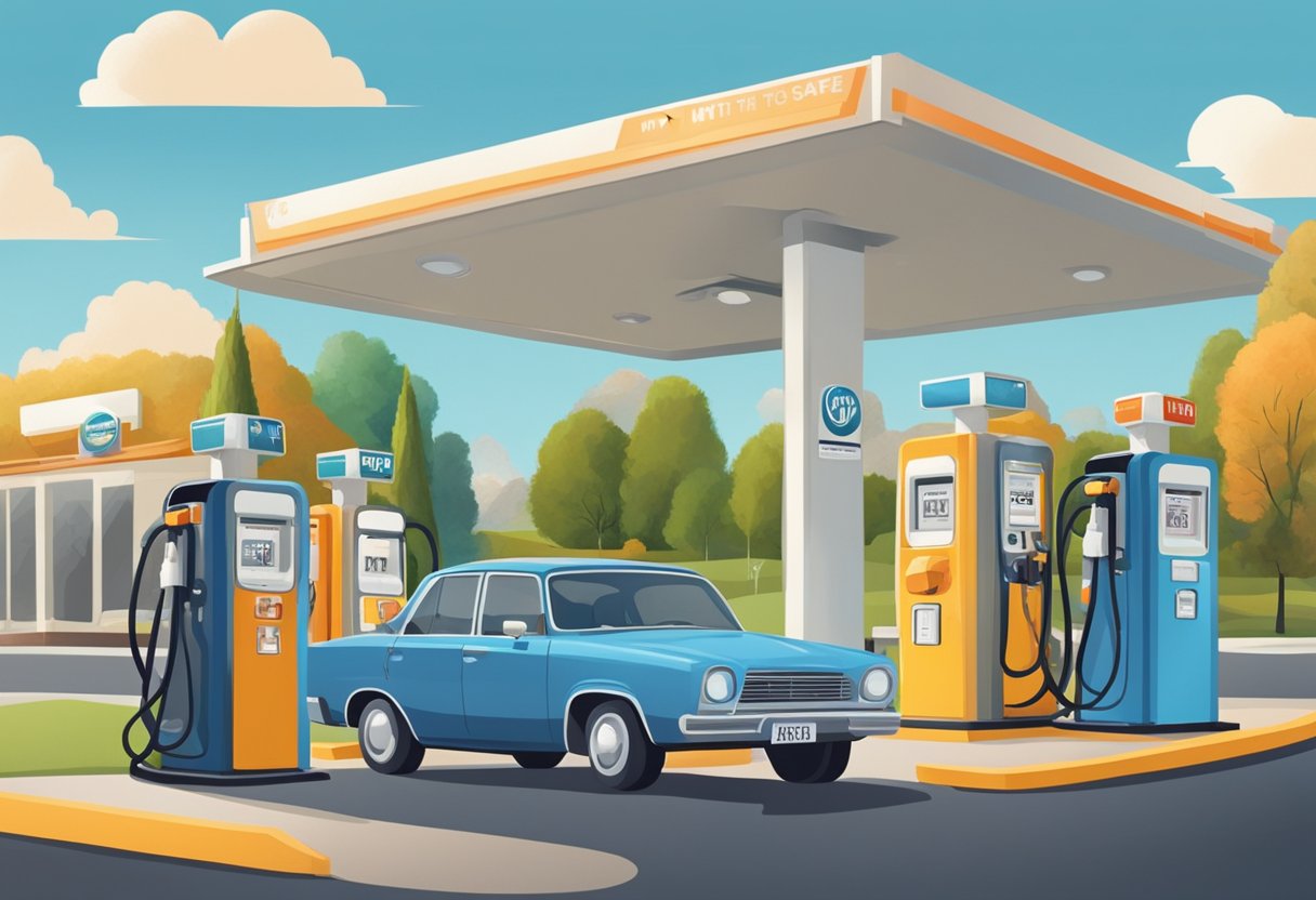A car sits at a gas pump, engine running.

A sign reads "Is It Safe to Pump Gas with the Car On? Myths Debunked." The scene is set at a gas station on a clear day