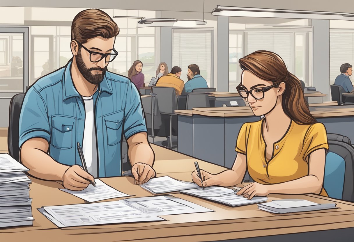 A person fills out a form at the DMV, providing their marriage certificate and old driver's license.

A clerk processes the paperwork, issuing a new license with the updated name