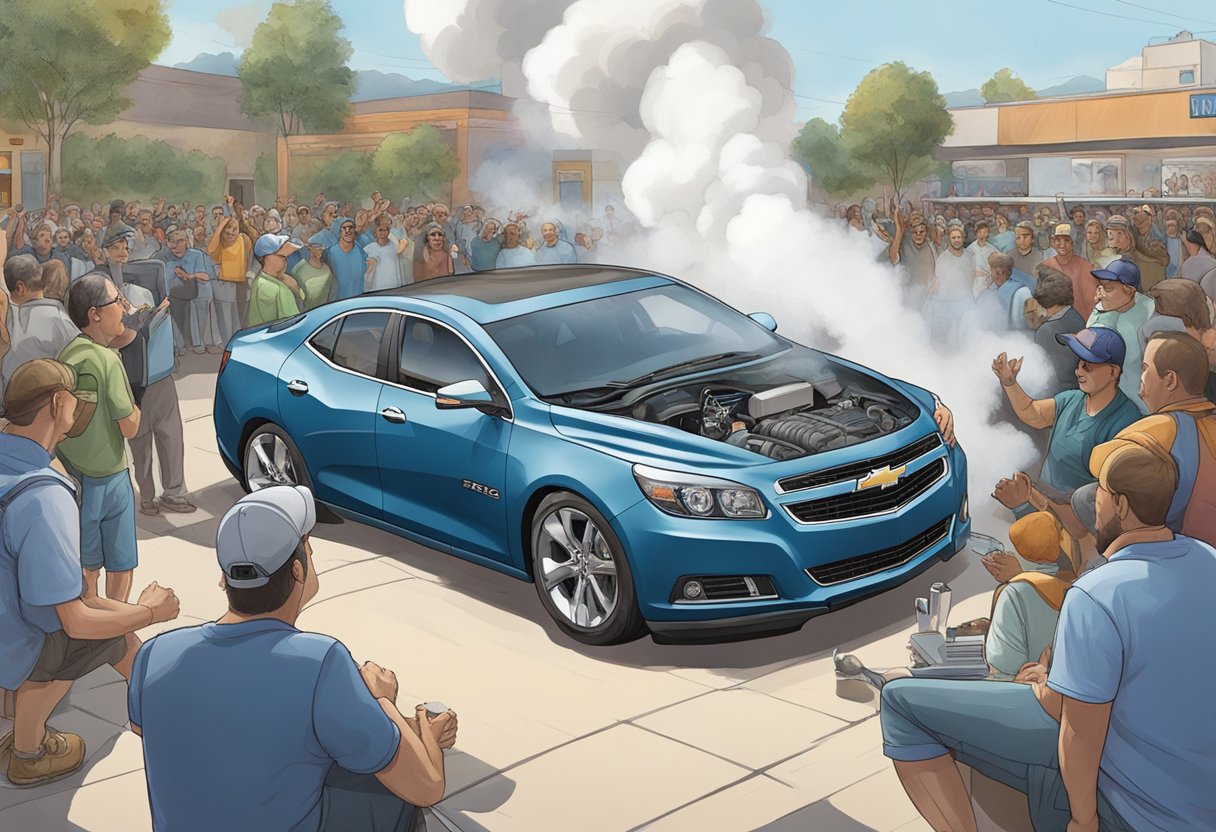 The Chevy Malibu's engine sputters, smoke billowing from under the hood.

A crowd gathers, murmuring about the alleged power reduction issue