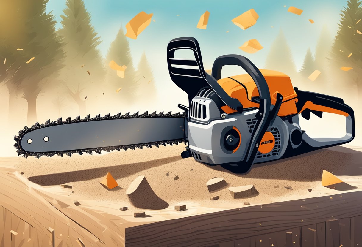 A chainsaw sits in direct sunlight with a clogged air filter and a dull blade, surrounded by dry, dusty debris
