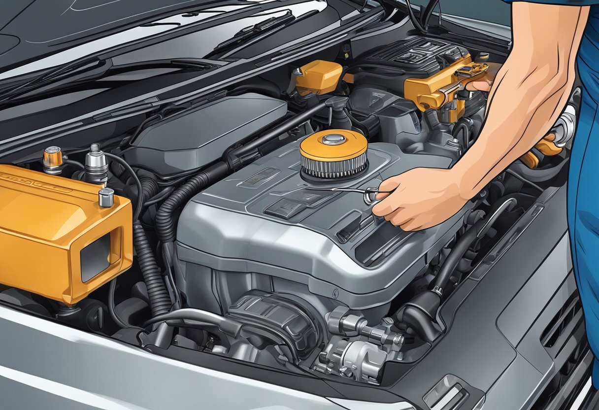 A mechanic examines a car engine with diagnostic tools, focused on the cylinder deactivation system