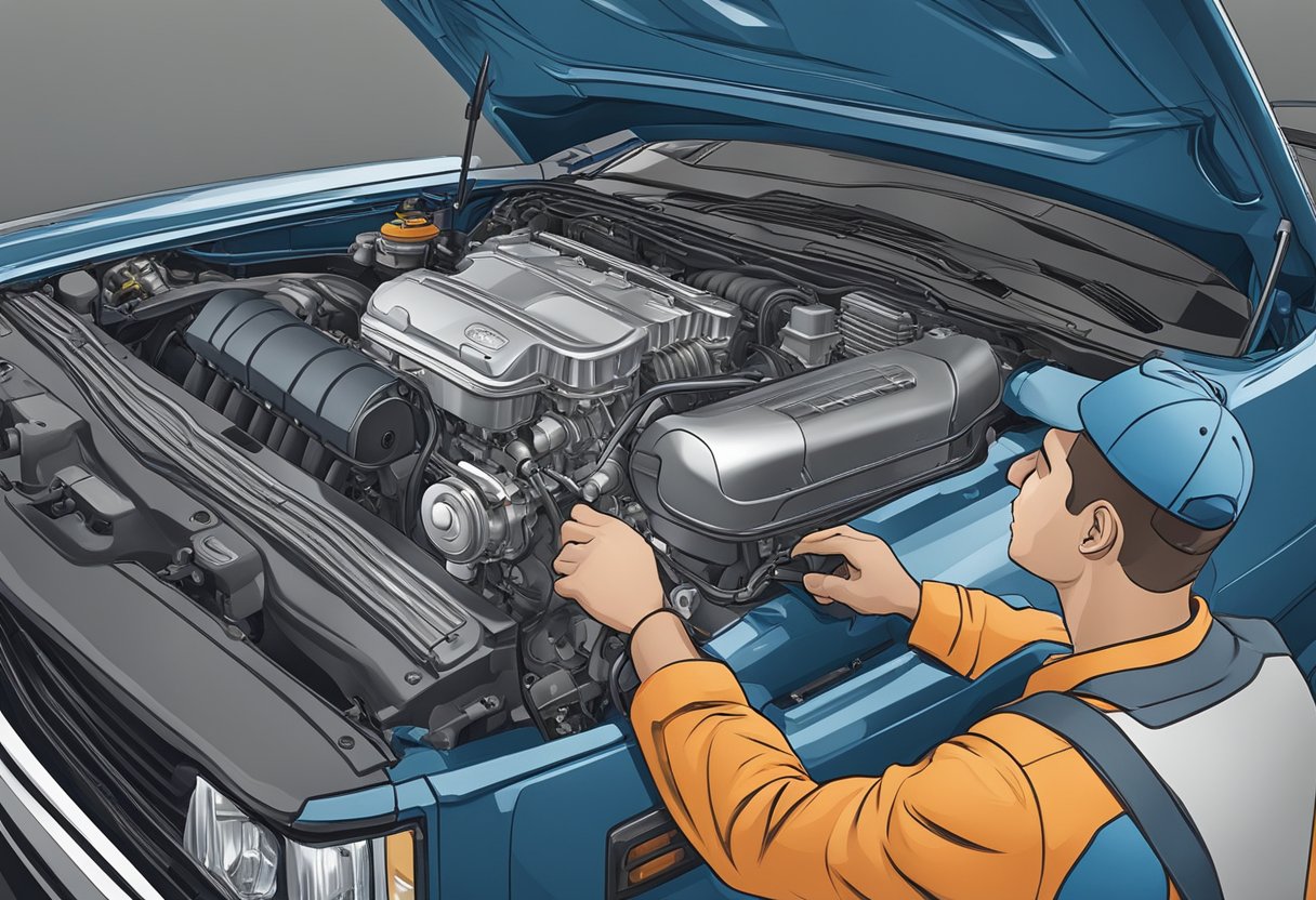 A mechanic inspecting a car engine, highlighting cylinder deactivation system components and performing maintenance