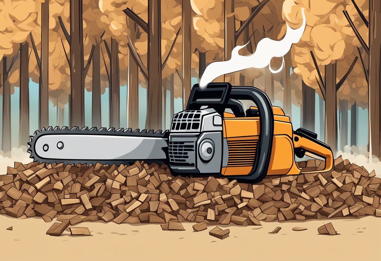A smoking chainsaw lies on the ground, surrounded by a pile of wood chips. The engine emits heat waves, indicating overheating