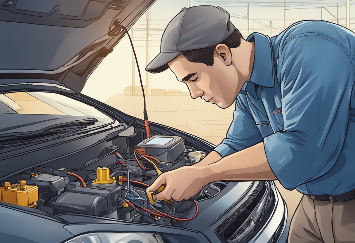 A mechanic examines a car's oxygen sensor with a multimeter, checking for low voltage.

Wires and connectors are visible