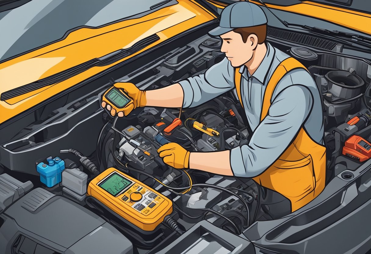 A mechanic using a multimeter to test the voltage of an oxygen sensor in a car's engine bay.

Tools and diagnostic equipment are scattered around the work area
