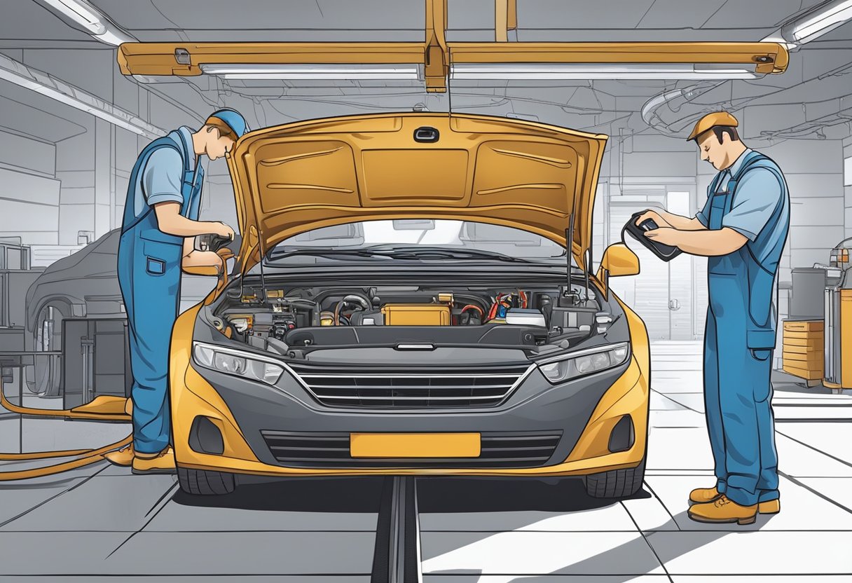 A car with the hood open, diagnostic tool connected to the O2 sensor, mechanic examining the wiring and connectors for signs of damage or corrosion