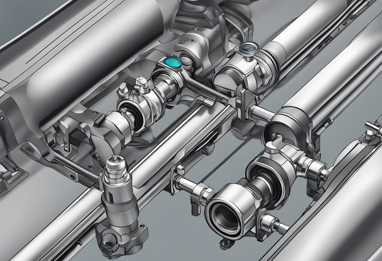 A fuel rail system with low pressure.

Connectors, hoses, and pressure gauge visible