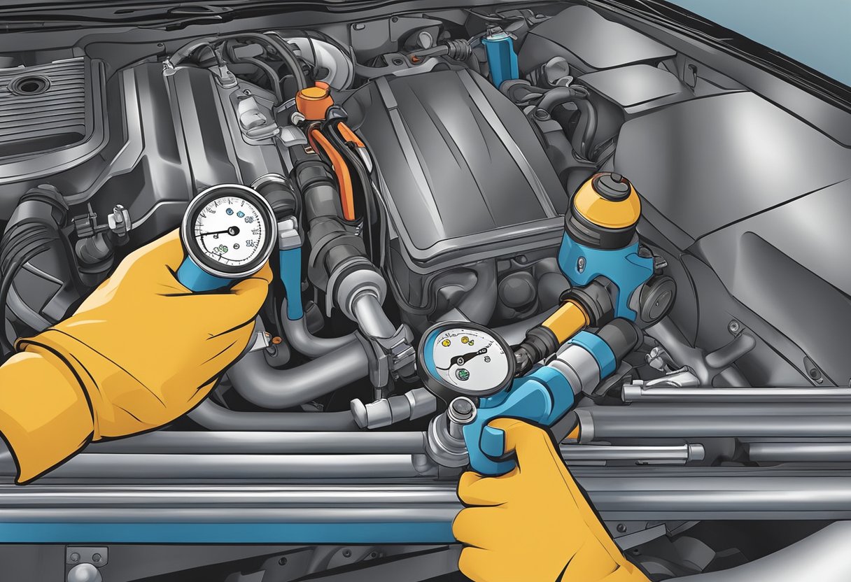 A mechanic connects a pressure gauge to the fuel rail system and checks for leaks and blockages.

They then test the fuel pump and pressure regulator for proper functioning