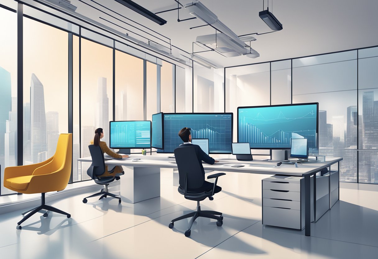 A sleek, modern office space with computer screens and financial charts. A team of professionals working together, demonstrating collaboration and efficiency