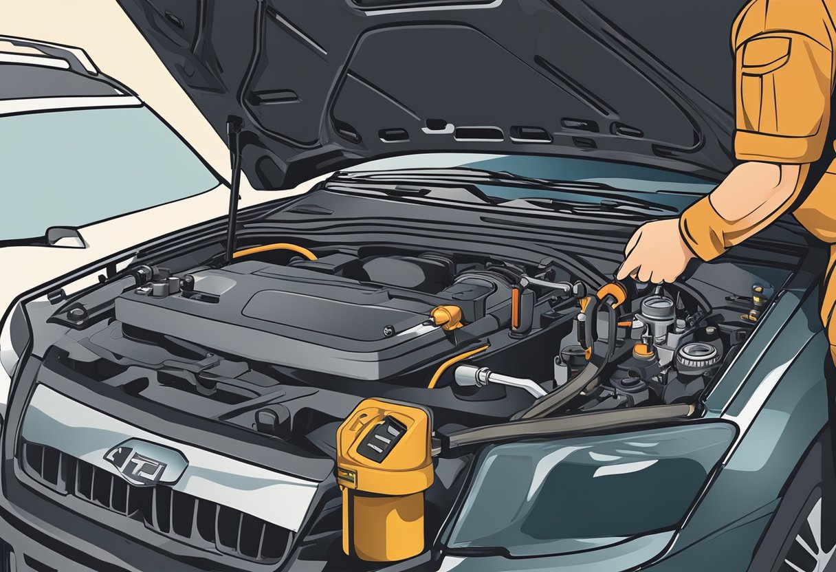 A mechanic using diagnostic tools to check fuel rail pressure on a vehicle