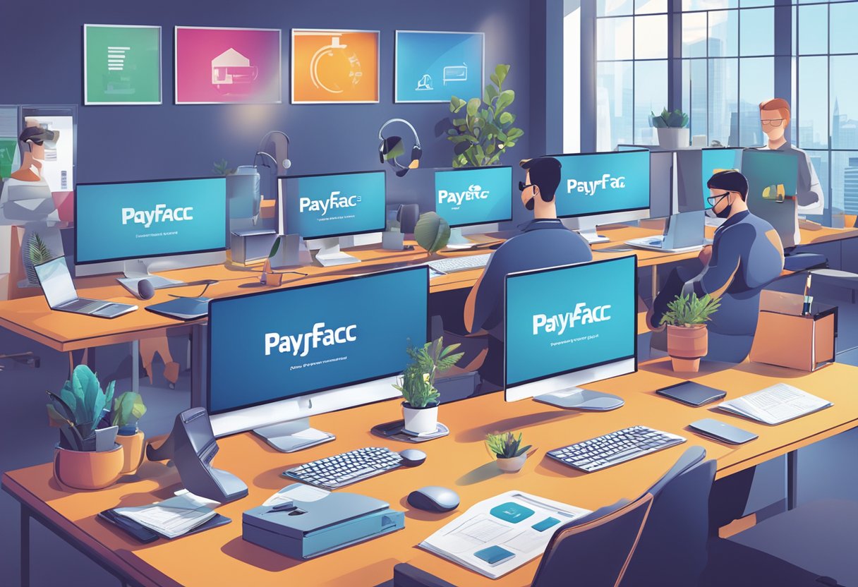 A modern office setting with computer screens displaying "PayFac as a Service" logo, surrounded by tech equipment and a team collaborating