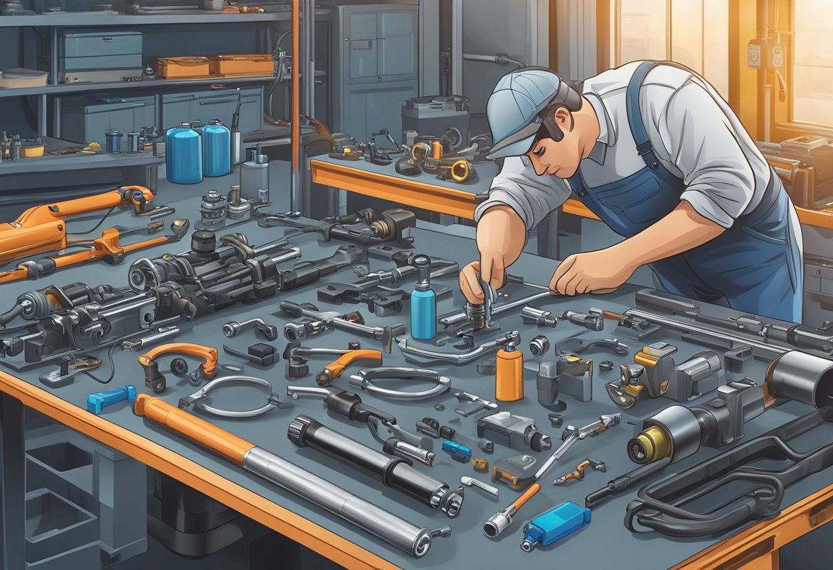 A mechanic checks fuel rail system for P0087 code.

Tools, diagnostic equipment, and vehicle parts are scattered on workbench