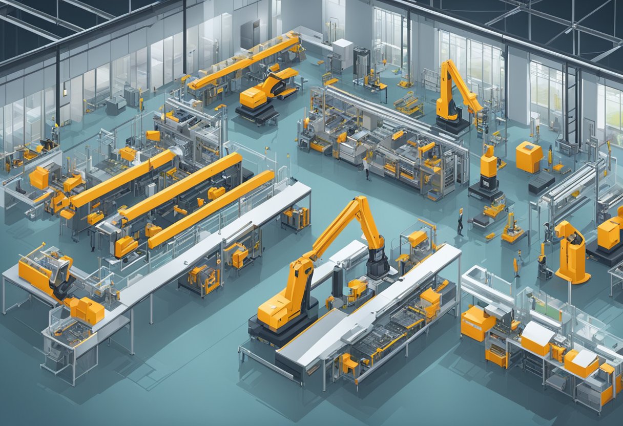 A factory floor with automated machinery assembling right-hand drive vehicles.

Schematics and design plans displayed on computer screens. Regulatory documents on a nearby desk