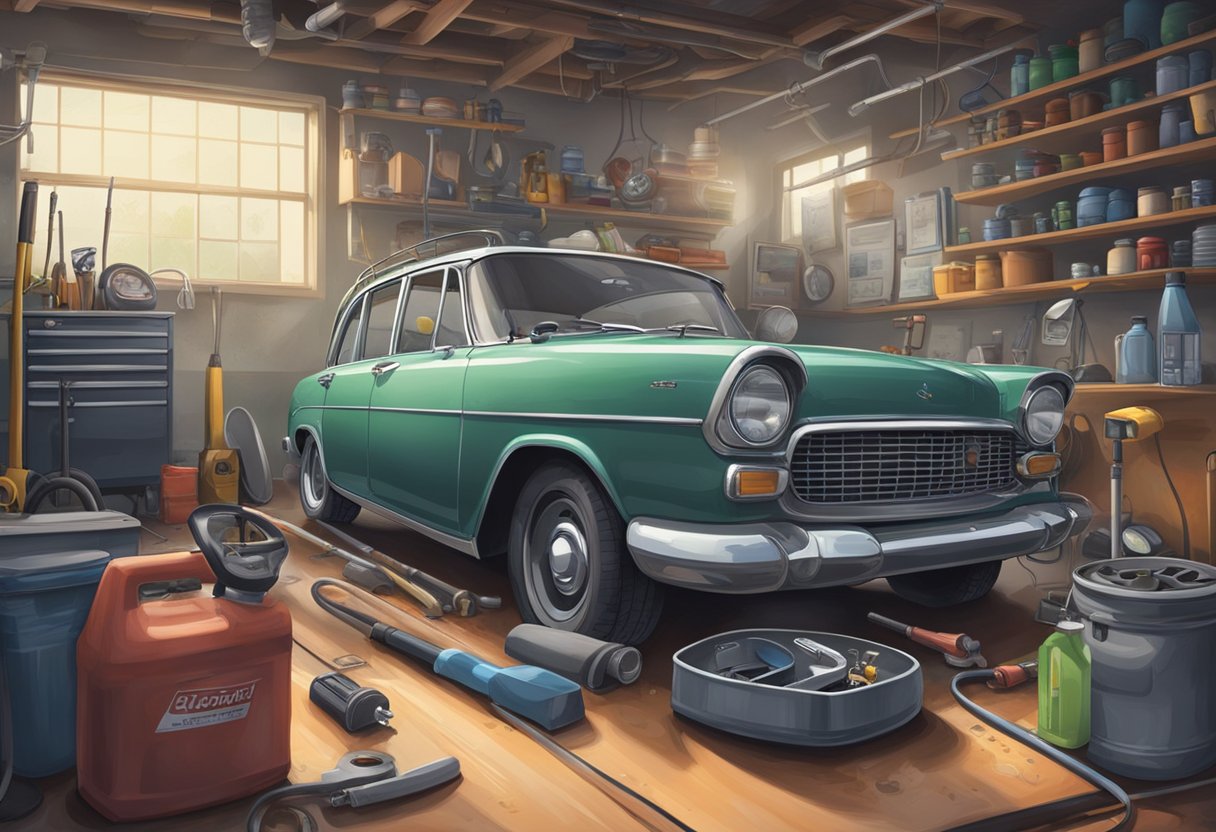 A car sits in a garage, surrounded by various tools and equipment.

The gas gauge on the dashboard reads empty, with a small puddle of gasoline forming underneath the vehicle
