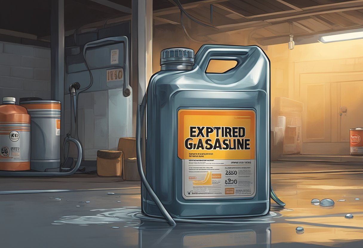 A clear plastic gas can sits in a dimly lit garage, with a faded label reading "Expired Gasoline." A small puddle of liquid has formed beneath the can, indicating a leak
