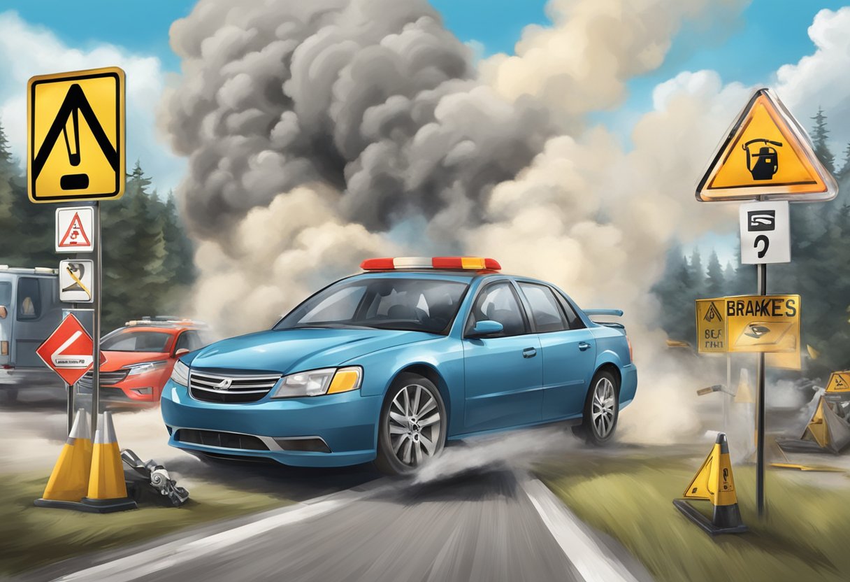 Brakes emit smoke, surrounded by warning signs and emergency tools