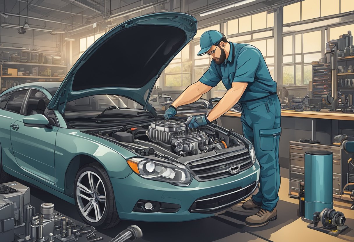 A mechanic examines a car engine, focusing on the rocker arm actuator system.

Tools and diagnostic equipment are scattered around the workspace