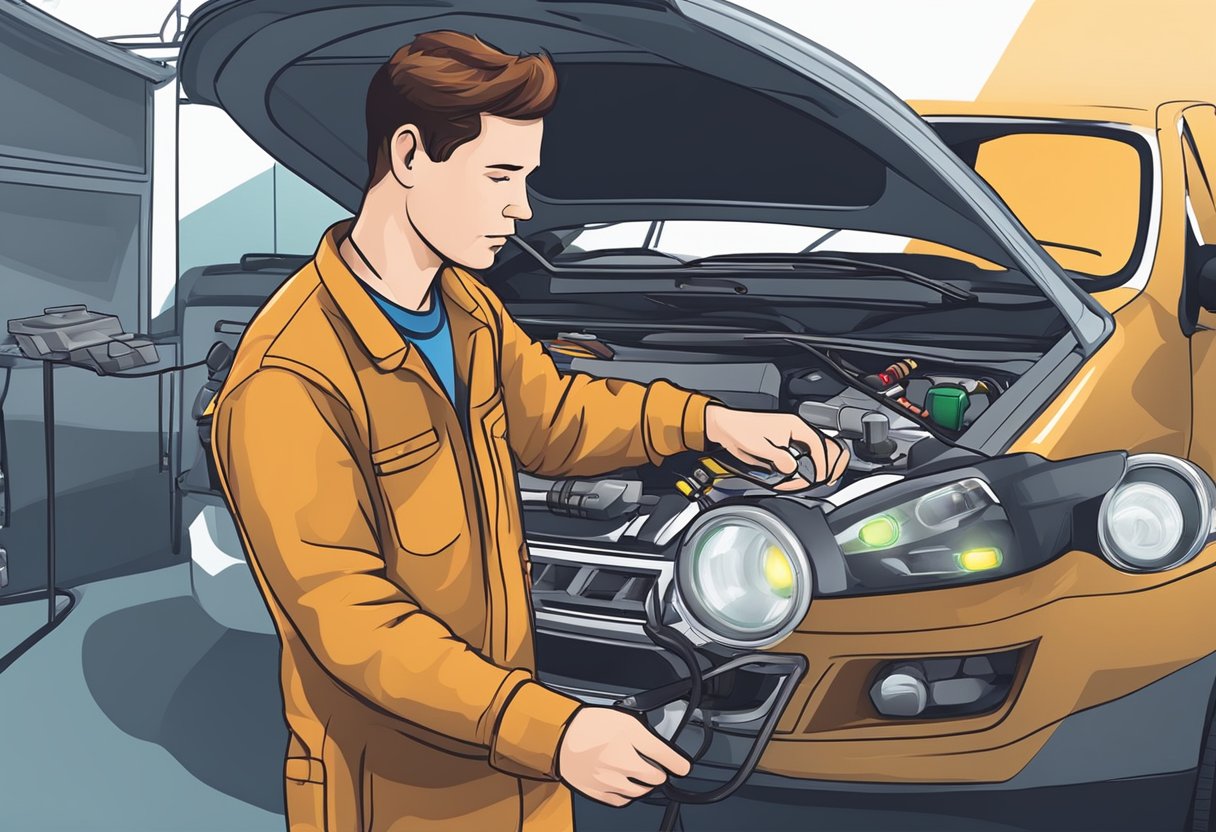 A mechanic diagnosing a car with all dashboard lights on, using diagnostic equipment and tools