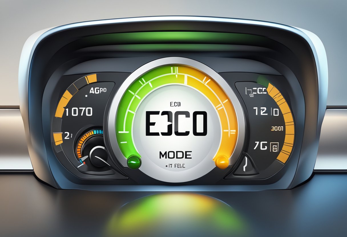 A car dashboard with an illuminated "Eco Mode" button, surrounded by indicators showing fuel efficiency and speed