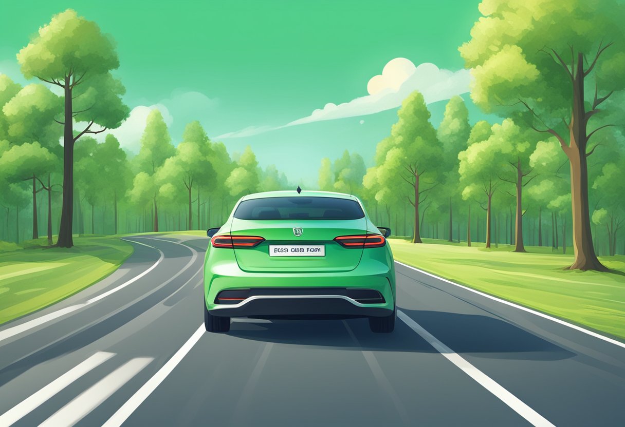 A car driving on a road with a green eco mode indicator glowing on the dashboard, surrounded by trees and clear blue skies