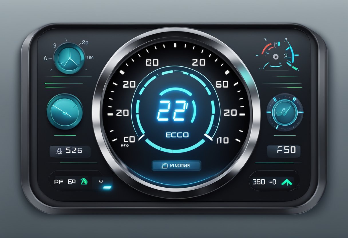 A car dashboard with a prominent "Eco Mode" button illuminated, surrounded by other control buttons.

The speedometer and fuel gauge indicate optimal efficiency