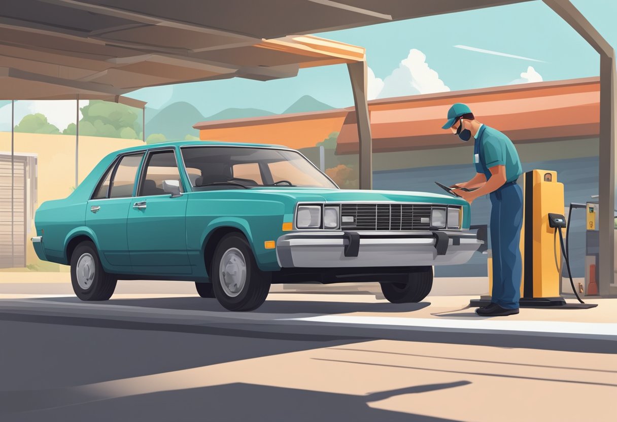 A car parked in front of a state inspection station with a technician checking under the hood and inspecting the tires and brakes