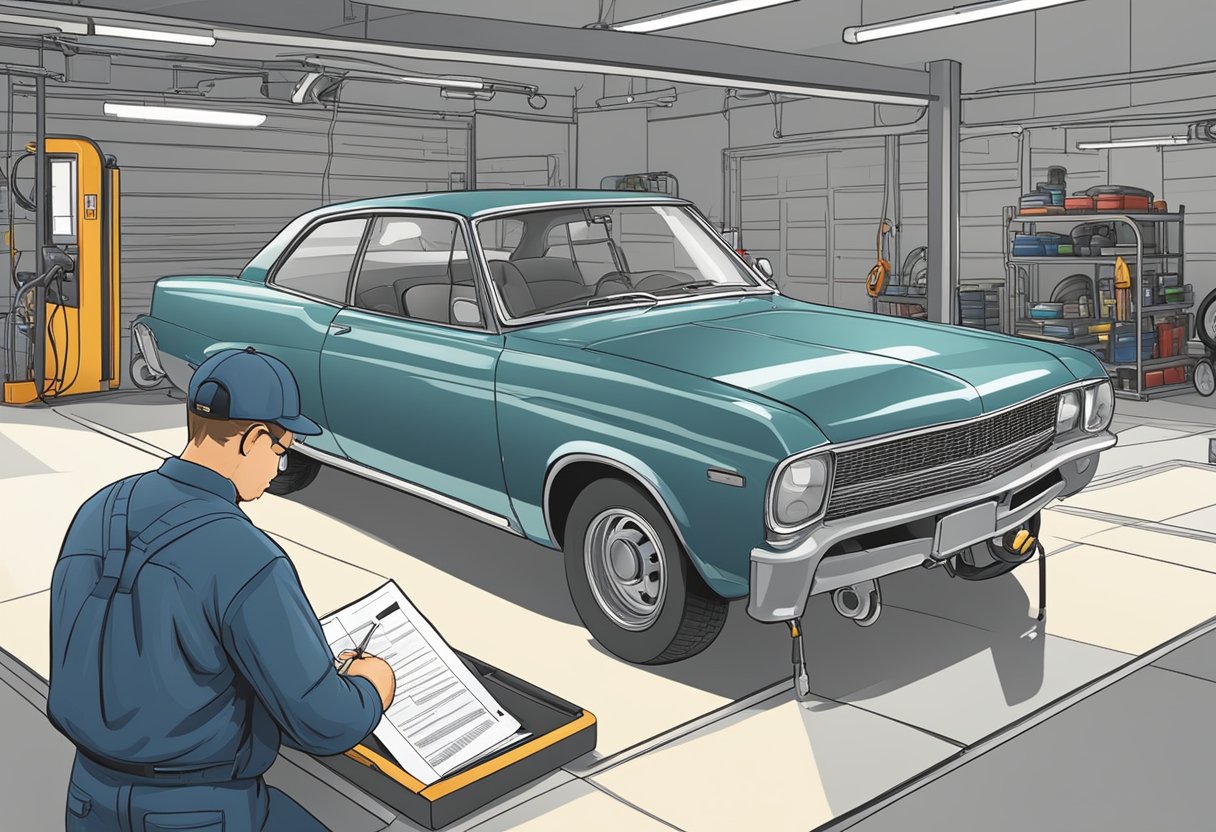 A mechanic inspects a car, checking lights, tires, and brakes.

The checklist is marked off on a clipboard