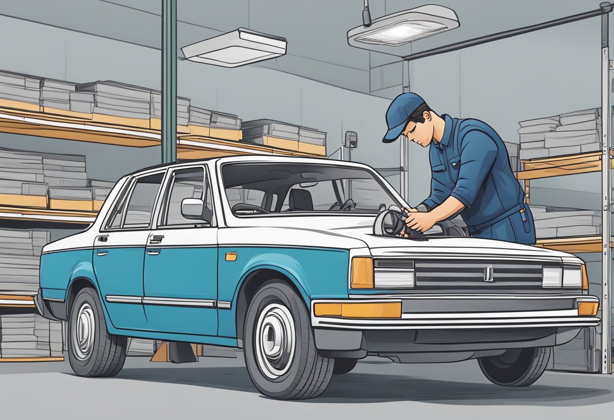 An inspector examines a car, checking lights, tires, and engine.

A checklist is in hand, with a state inspection guide visible