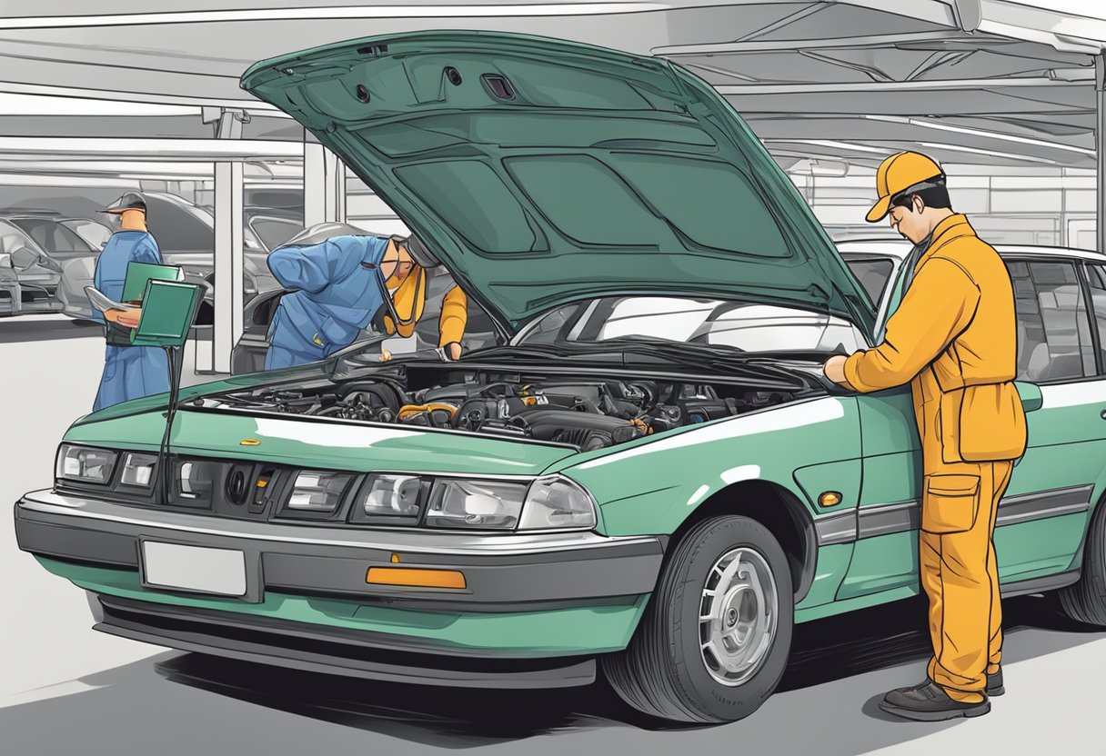 A state car inspection in progress, with a technician examining vehicle components and documenting details in a checklist